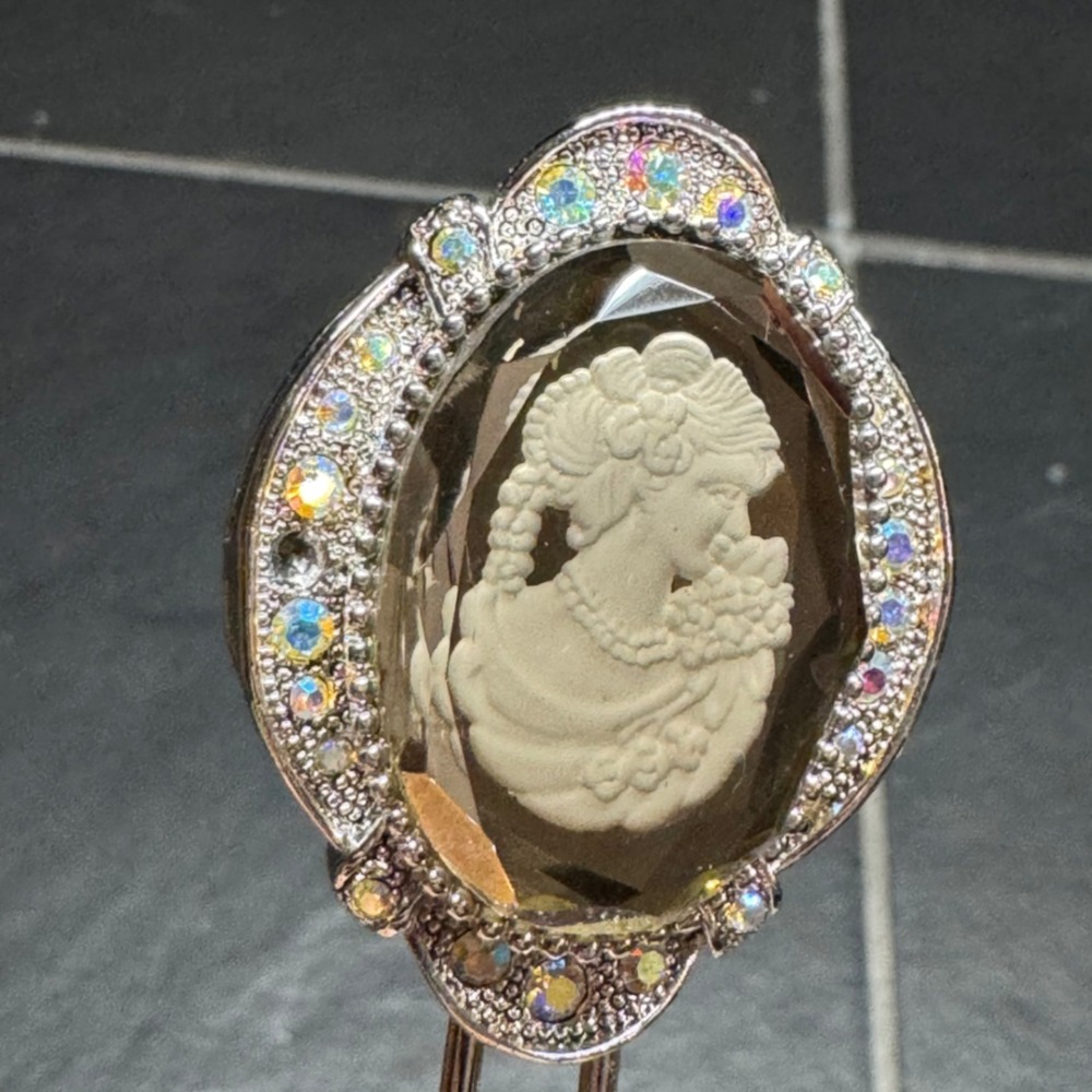 Vintage Style Cameo Hair Fork Silver Tone AB Rhinestone Intaglio Hair Pin 4.5"